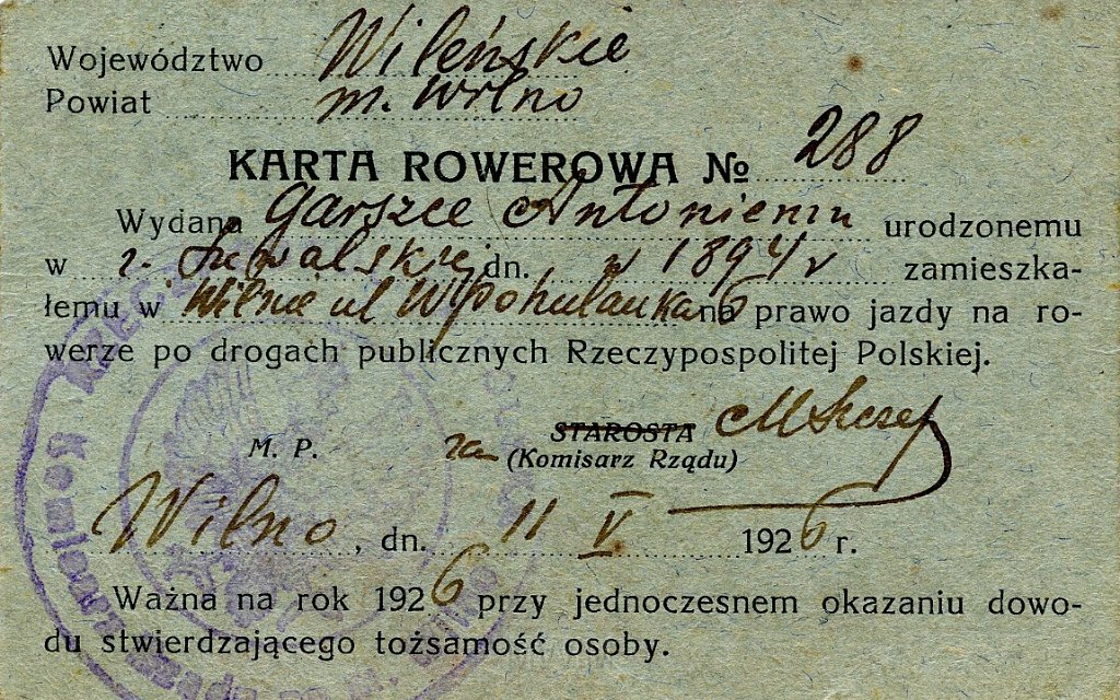 KKE 5672.jpg - Dok. Karta Rowerowa wydana przez Urząd Komunikacji w Wilnie Antoniego Graszko, Wilno, 11 V 1926 r.